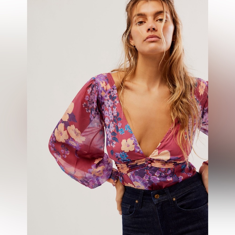 Free People Pink & Purple Floral Sheer Long-Sleeve Bodysuit